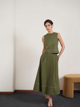 FABLE STREET - Green Solid Cotton Sleeveless Co Ord Set