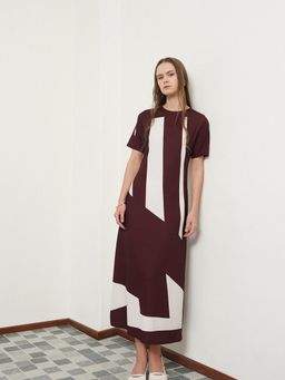 FABLE STREET - Brown Colorblock Round Neck Dress with Pockets