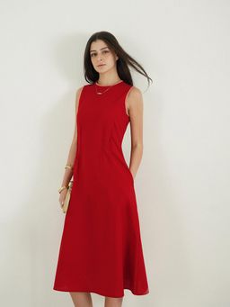 FABLE STREET - Red A-Line Sleeveless Round Neck Dress