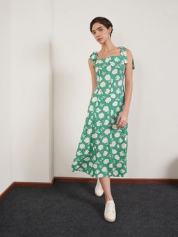 FABLE STREET - Green Floral Fit And Flare Sleeveless Tie-Shoulder Dress
