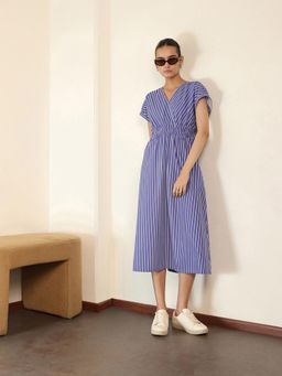 FABLE STREET - Blue Relaxed Fit Short Sleeve V-Neck Empire Dress