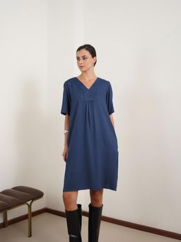 FABLE STREET - Blue Relaxed V Neck Solid Dress