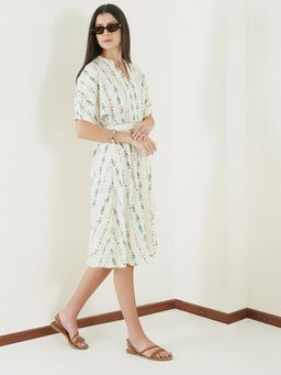 FABLE STREET - White Printed Fit and Flare Dress With Belt