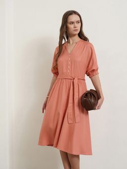 FABLE STREET - Peach Fit and Flare Dress With Belt