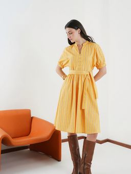 FABLE STREET - Yellow Striped Fit and Flare Dress With Belt