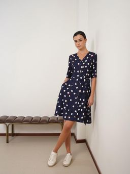 FABLE STREET - Navy Polka Dot Fit And Flare Half Sleeve Dress with Belt