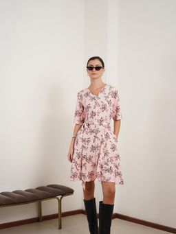 FABLE STREET - Pink Floral Fit And Flare Dress With Belt