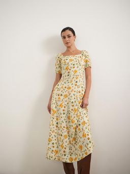 FABLE STREET - Yellow Floral Fit And Flare Puff Sleeve Square Neck Dress