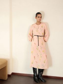 FABLE STREET - Pink Rayon Floral A-Line Dress With Belt