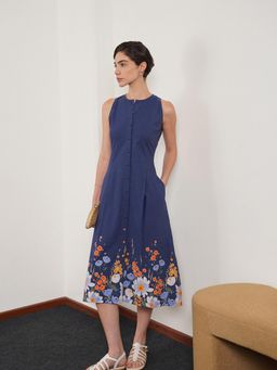 FABLE STREET - Blue Floral A-Line Sleeveless Round Neck Dress