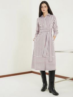 FABLE STREET - White Striped A-Line Full Sleeve Shirt Dress with Belt