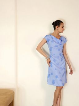FABLE STREET - Blue Comfortable Flora Cap Sleeve Cowl Neck Shift Dress
