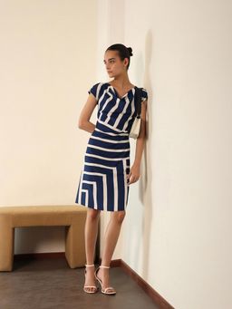 FABLE STREET - Blue and White Comfortable Striped Cowl Neck Dress