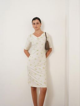 FABLE STREET - Off White Bodycon Elbow Sleeve Cowl Neck Dress