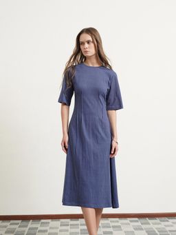 FABLE STREET - Blue Solid A-Line Elbow Sleeve Round Neck Dress
