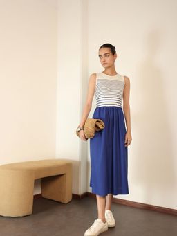 FABLE STREET - Blue and White Striped Fit And Flare Colorblock Dress