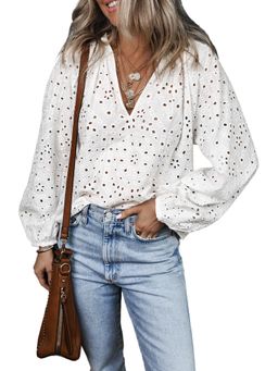 Errabelly - White Eyelet Self-Design Puff Sleeve V Neck Top