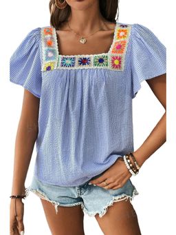 Errabelly - Sky Blue Stripe Textured Ruffle Short Sleeve Top