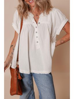 Errabelly - White Textured Short Sleeve Frayed Top