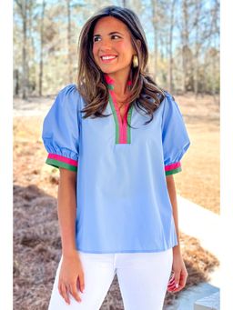Errabelly - Sky Blue Contrast Striped Collision Puff Sleeve Top