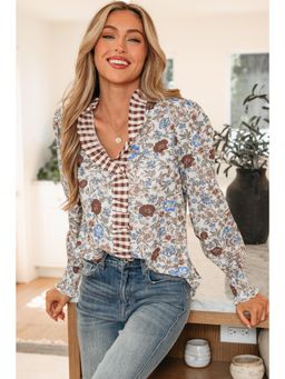 Errabelly - Blue Plaid Frilled Trim V Neck Floral Long Sleeve Top