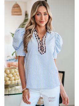Errabelly - Sky Blue Stripe Ricrac Trim Short Puff Sleeve Top