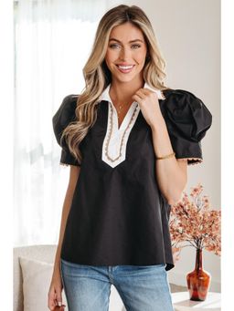 Errabelly - Black Ricrac Trim Color Block Patchwork Shirt Collar Top