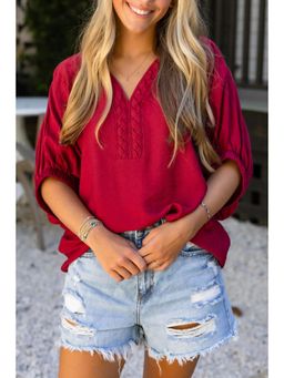 Errabelly - Racing Red Braided Trim V Neck Half Sleeve Top