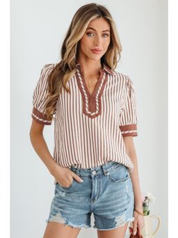 Errabelly - Khaki Stripe Collared Split Neck Short Bubble Sleeve Top