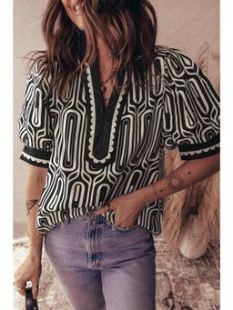 Errabelly - Black Geometric Print Contrast Scallop Patchwork Top