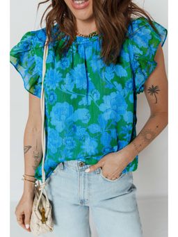 Errabelly - Green and Blue Floral Print Ruffled Sleeve Top