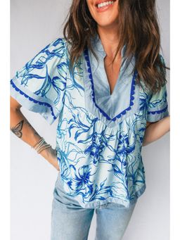 Errabelly - Sky Blue Ricrac Trim Slit V Neck Short Sleeve Floral Top