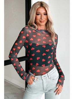 Errabelly - Black Valentines Heart Printed Sheer Mesh Top