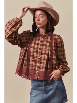 Errabelly - Red Dahlia Plaid Eyelet Lace Trim Button Down Top