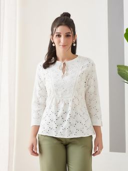 Latin Quarters - Women White Embroidery Round Neck Casual Top