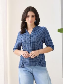 Latin Quarters - Blue Half Sleeves Mandarin Collar Checkered Casual Top