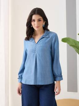 Latin Quarters - Blue Solid Full Sleeves Collar Neck Casual Top