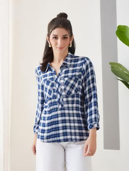 Latin Quarters - Blue Checks Collar Neck Casual Shirt