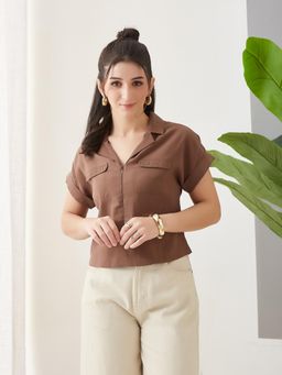 Latin Quarters - Brown Solid Cap Sleeves Casual Top