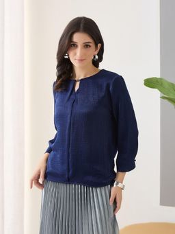 Latin Quarters - Blue Solid Keyhole Round Neck Casual Top