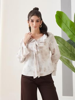 Latin Quarters - Off White Printed Full Sleeves Ruffled Top