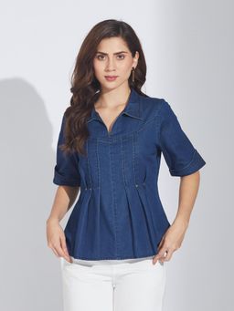 Latin Quarters - Blue Solid Half Sleeves Casual Top