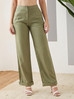 Latin Quarters - Women Green Solid High Rise Casual Trousers