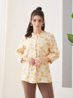 Latin Quarters - Yellow Printed Round Neck Casual Top
