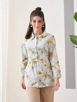 Latin Quarters - Grey Printed Collar Neck Casual Top