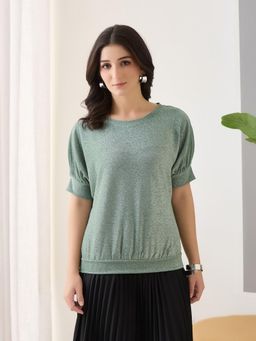 Latin Quarters - Green Solid Half Sleeves Casual Top