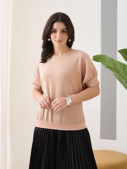 Latin Quarters - Peach Solid Half Sleeves Round Neck Casual Top