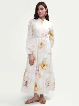 RAREISM - White Floral Printed Tier Maxi Dress With Belt