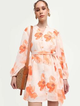 RAREISM - Orange and White Floral Printed Mini Dress