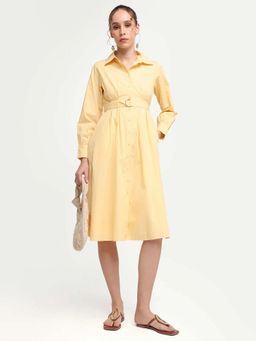 RAREISM - Yellow Solid Collared Dress with Belt